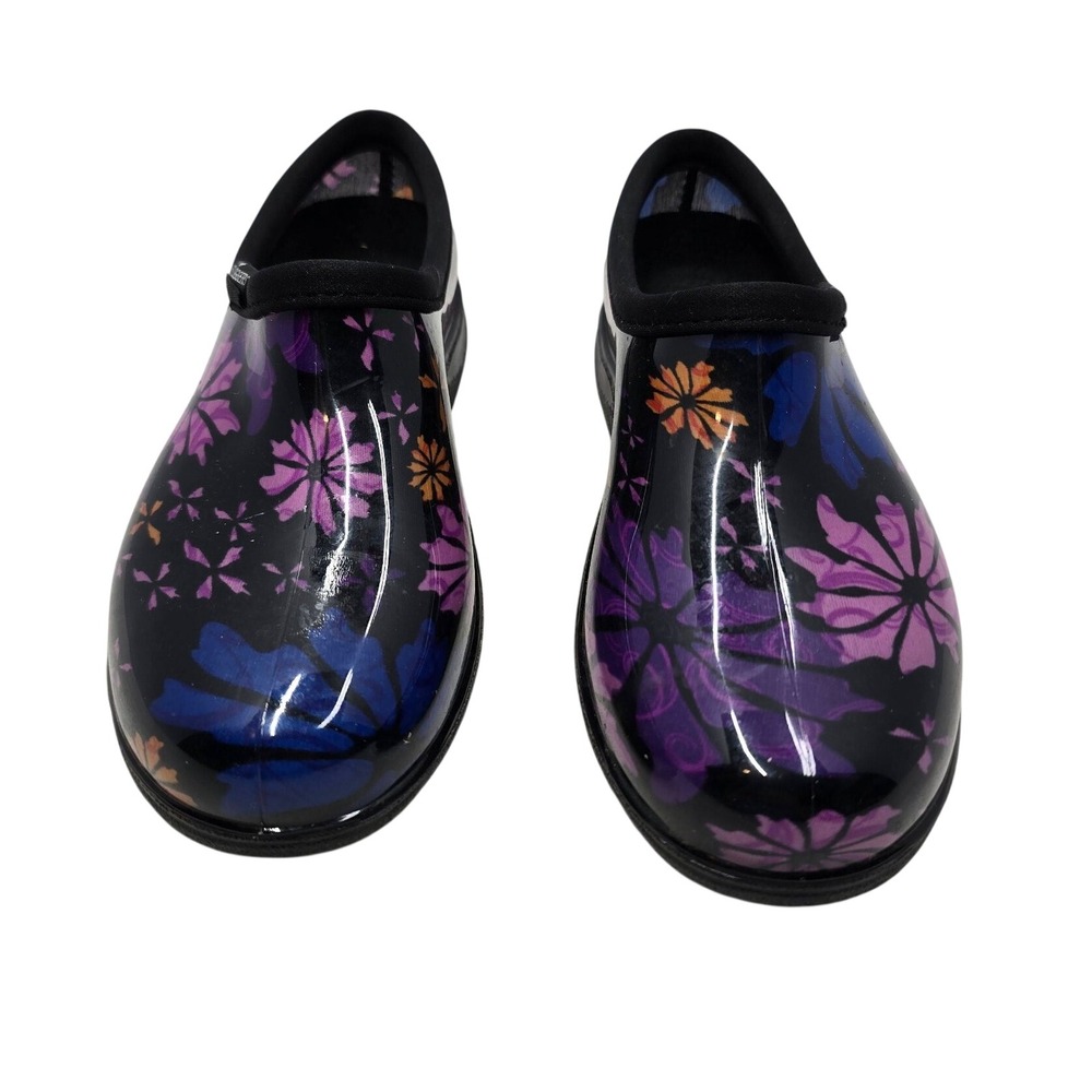 Sloggers Waterproof Garden Shoes Floral Rain Clogs Black Purple Womens 6 USA